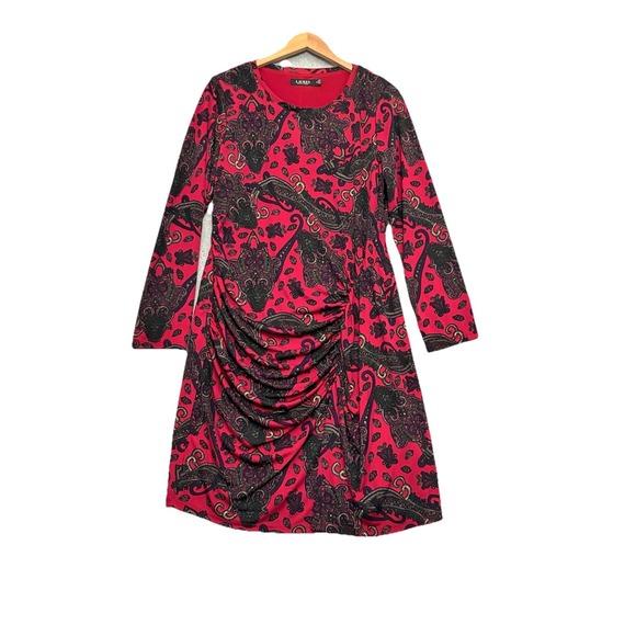 Lauren Ralph Lauren Dresses & Skirts - Lauren Ralph Lauren Midi Dress Red Ruched Sz Plus 16 Stretch Long Slv Paisley